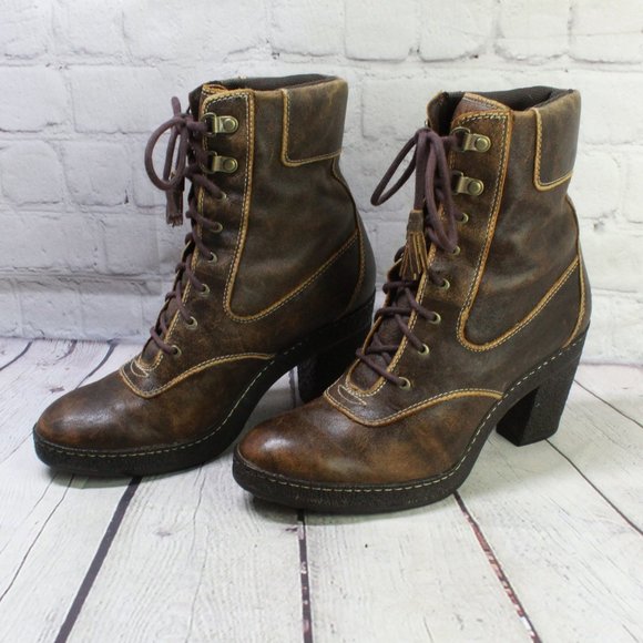 TIMBERLAND Brown Leather Chunky Heel Lace Up Winter Boots Size 7.5 M - Picture 2 of 10